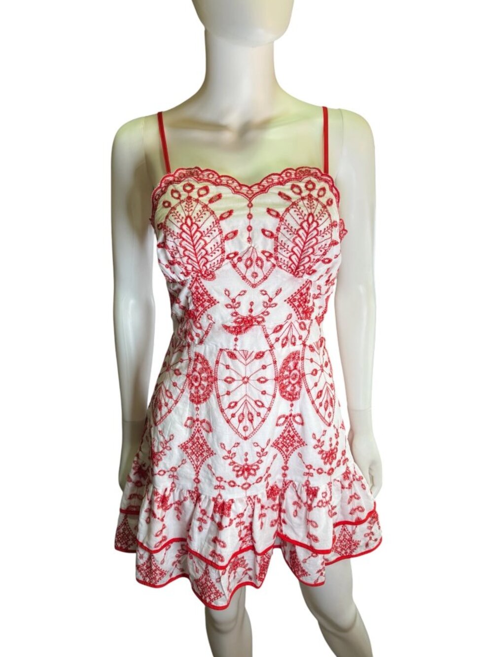 LeLe Womens Red & White Embroidered Mini Dress With Adjustable Straps Size S EUC